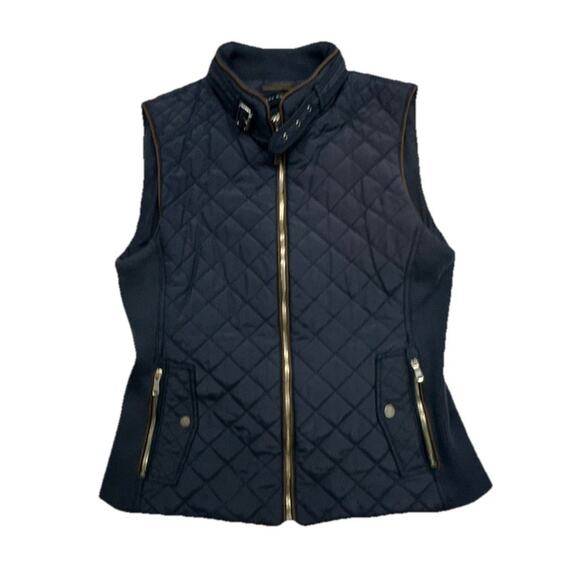 Zara Womens Quilted Vest Size Large Navy Blue Full Zip Pockets Mock Buckle Neck - Picture 1 of 7
